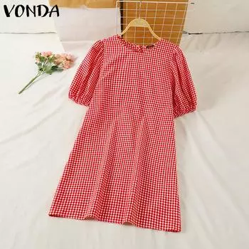 VONDA Женское летнее платье-фонарик с круглым вырезом и короткими рукавами в клетку XL