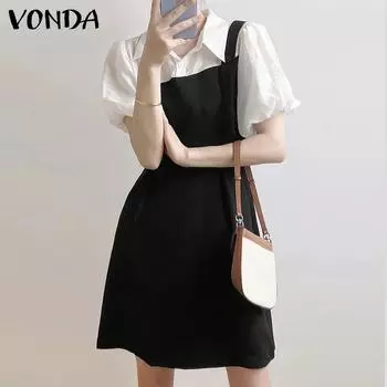 VONDA женское летнее платье из двух частей с воротником-рубашкой и короткими рукавами в стиле пэчворк