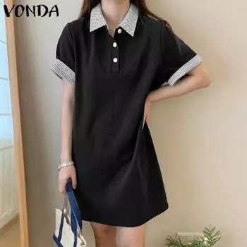 VONDA Женское летнее платье-рубашка с коротким рукавом в клетку M синий