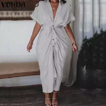 VONDA Женское летнее платье-рубашка с воротником-летучая мышь с коротким рукавом S темно-зеленого