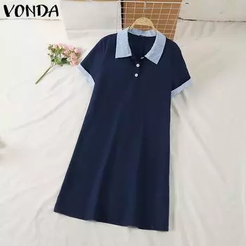 VONDA Женское летнее платье-рубашка с коротким рукавом в клетку M синий