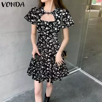 VONDA женское летнее платье с круглым вырезом, коротким рукавом и цветочным принтом на талии, короткое платье с рюшами