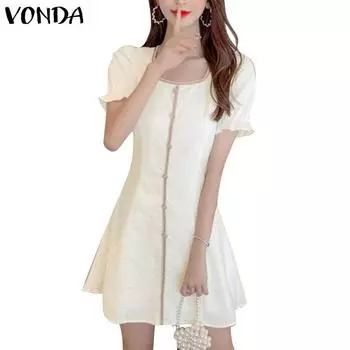 VONDA женское летнее платье с круглым вырезом контрастного цвета и пышной лентой с короткими рукавами и талией 4XL зелёный