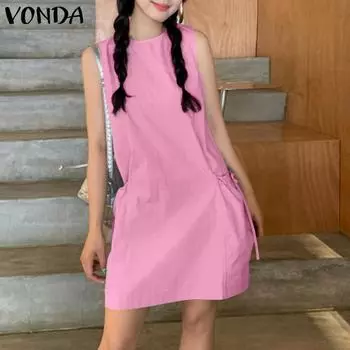 VONDA Женское летнее платье с круглым вырезом без рукавов и бретелями, однотонное платье 4XL розовый