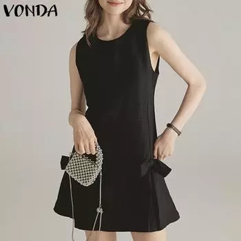 VONDA Женское летнее платье с круглым вырезом без рукавов и завязкой