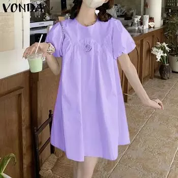 VONDA Женское летнее платье с круглым вырезом и короткими рукавами-пузырьками и цветочным принтом