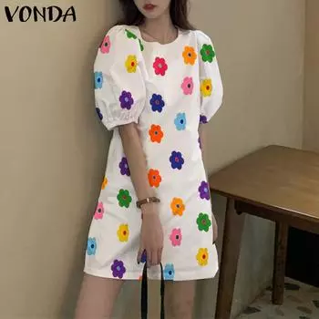 VONDA Женское летнее платье с круглым вырезом и короткими рукавами с цветочным принтом 4XL розовый