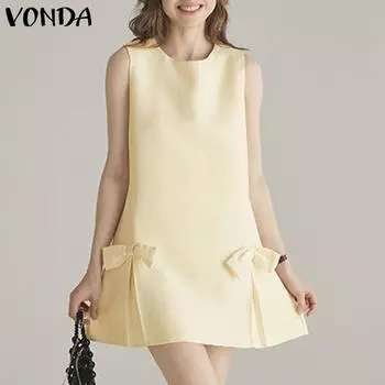 VONDA Женское летнее платье с круглым вырезом без рукавов и завязкой S жёлтый