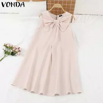 VONDA Женское летнее платье с круглым вырезом, плиссированное, без рукавов, однотонное платье 4XL розовый