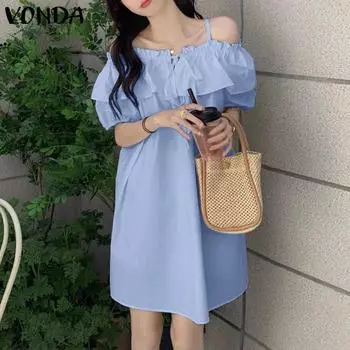 VONDA Женское летнее платье с открытыми плечами и короткими рукавами с оборками S жёлтый