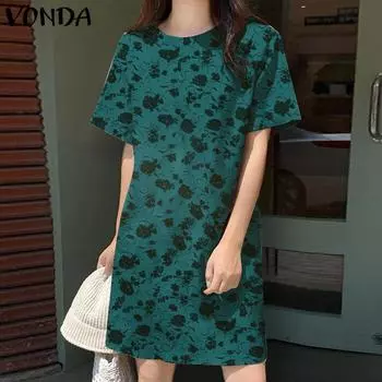 VONDA женское летнее платье-туника с коротким рукавом и цветочным принтом больших размеров