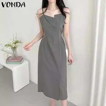 VONDA женское летнее плиссированное однотонное платье-комбинация без рукавов с нерегулярным воротником и талией
