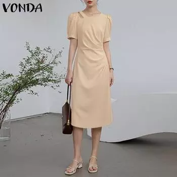 VONDA женское летнее плиссированное однотонное свободное платье средней длины с круглым вырезом и короткими рукавами
