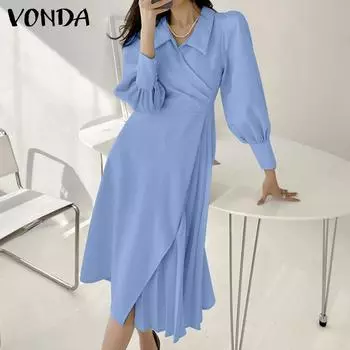 VONDA Женское летнее плиссированное однотонное свободное платье с v-образным вырезом и воротником-пуфом с короткими рукавами