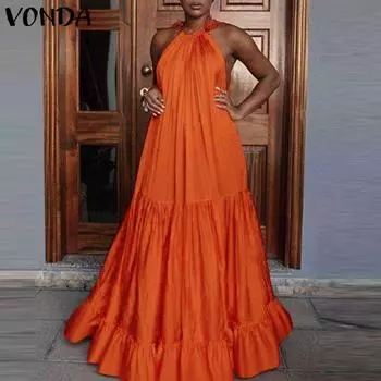 VONDA женское летнее плиссированное однотонное свободное платье трапециевидной формы без рукавов с воротником-халтер
