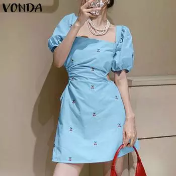 VONDA Женское летнее повседневное мини-платье с квадратным воротником, рукавами-фонариками и цветочным принтом, тонкой талией и открытой спиной 5XL розовый
