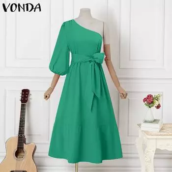 VONDA женское летнее повседневное однотонное свободное платье с наклонным воротником и пышными рукавами 3/4 5XL оранжевый