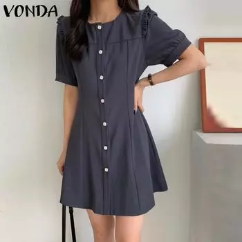 VONDA женское летнее повседневное однотонное свободное платье с круглым вырезом и короткими рукавами и пуговицами 4XL ярко-розовый