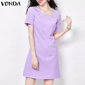 VONDA Женское летнее повседневное однотонное свободное платье с воротником и короткими рукавами 2XL арбуз красный