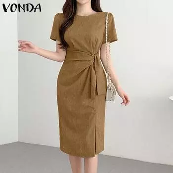VONDA женское летнее повседневное платье с круглым вырезом и коротким рукавом на талии, однотонное платье с разрезом 5XL темно-синий