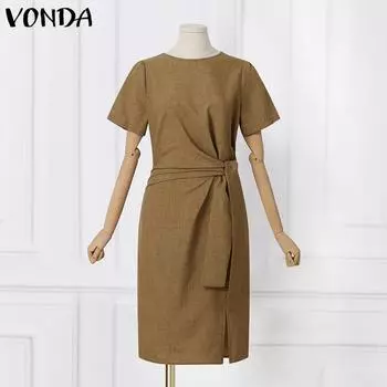 VONDA женское летнее повседневное платье с круглым вырезом и коротким рукавом на талии, однотонное платье с разрезом