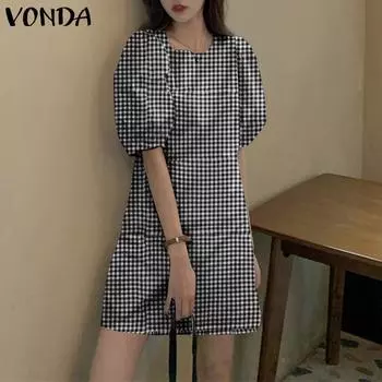 VONDA Женское летнее повседневное платье с круглым вырезом и короткими рукавами в клетку S чёрный