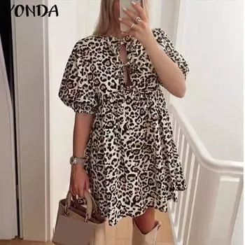VONDA Женское летнее повседневное платье с рукавами-фонариками и леопардовым принтом Сарафан S хаки
