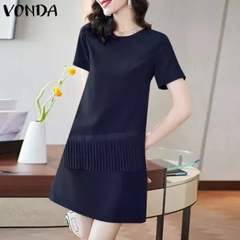 VONDA женское летнее повседневное сплошное цветное свободное кружевное платье с круглым вырезом и короткими рукавами 4XL оранжевый