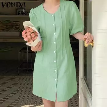 VONDA Женское летнее повседневное сплошное свободное платье с круглым вырезом и короткими рукавами в полоску 2XL розовый
