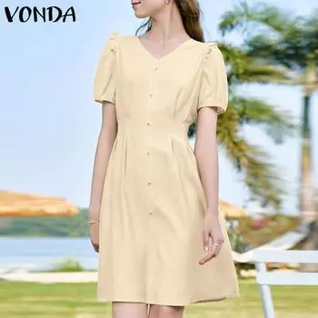 VONDA женское летнее повседневное сплошное свободное платье с v-образным вырезом и короткими рукавами, украшенное жемчугом 4XL