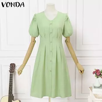 VONDA женское летнее повседневное сплошное свободное платье с v-образным вырезом и короткими рукавами, украшенное жемчугом XL зелёный