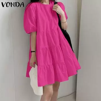 VONDA Женское летнее повседневное платье с круглым вырезом и короткими рукавами, плиссированное, однотонное, свободное, короткое M оранжевый