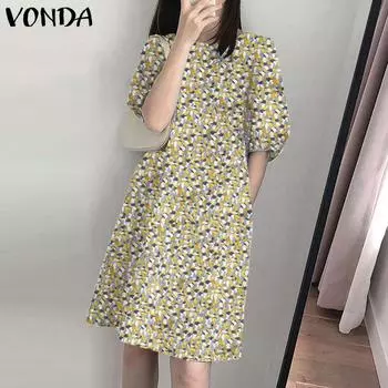 VONDA женское летнее повседневное свободное платье с круглым вырезом и коротким рукавом с цветочным принтом 4XL зелёный