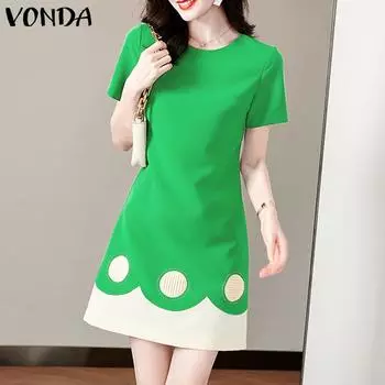 VONDA женское летнее повседневное свободное платье с круглым вырезом и коротким рукавом с принтом S зелёный
