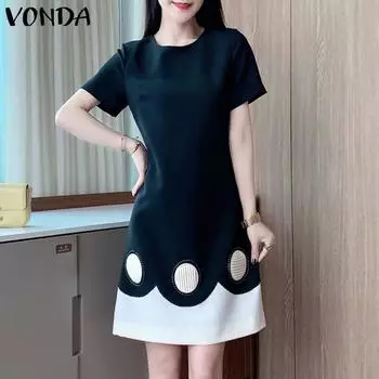 VONDA Женское летнее повседневное тонкое платье с круглым вырезом и коротким рукавом в горошек S зелёный