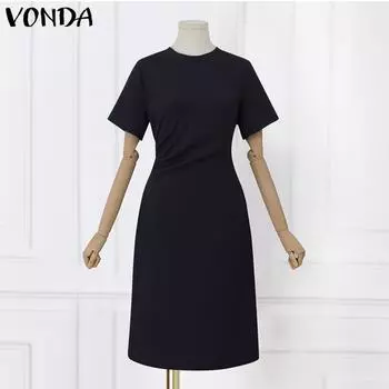 VONDA женское летнее прямое однотонное платье с круглым вырезом и короткими рукавами, плиссированной талией 4XL зелёный