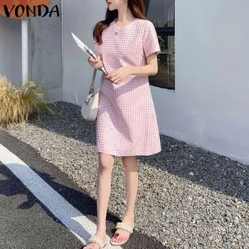 VONDA женское летнее прямое однотонное свободное платье с круглым вырезом и короткими рукавами в ломаную клетку