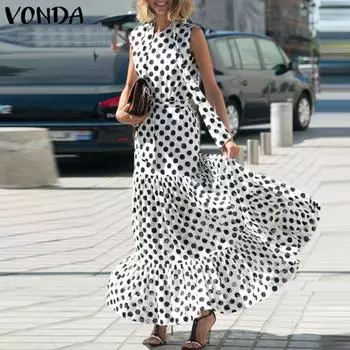 VONDA женское летнее свободное длинное однотонное платье без рукавов с круглым вырезом и поясом в горошек