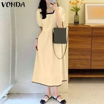 VONDA женское летнее свободное длинное платье контрастного цвета с квадратным вырезом и короткими рукавами
