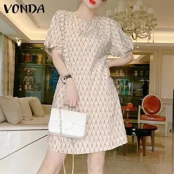 VONDA женское летнее свободное короткое платье трапециевидной формы с круглым вырезом и коротким рукавом с геометрическим узором S синий