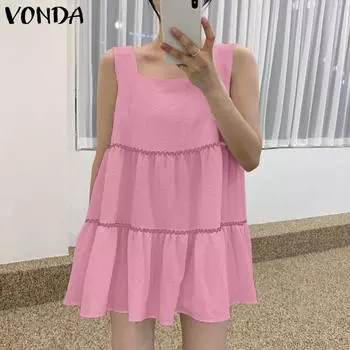 VONDA женское летнее свободное короткое платье без рукавов с квадратным вырезом и волнистой паутиной