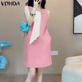 VONDA женское летнее свободное короткое платье трапециевидной формы без рукавов с круглым вырезом и пуговицами на ленте