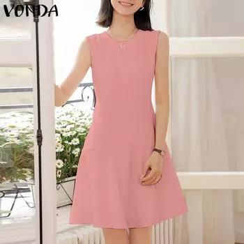 VONDA женское летнее свободное короткое платье трапециевидной формы без рукавов с круглым вырезом