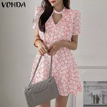 VONDA женское летнее свободное короткое платье с круглым вырезом и коротким рукавом с цветочным принтом на талии