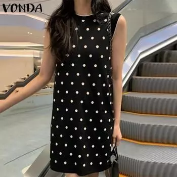 VONDA женское летнее свободное короткое платье без рукавов в горошек с круглым вырезом