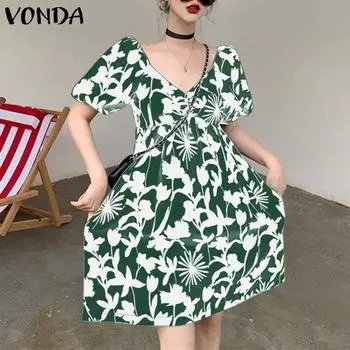 VONDA Женское летнее свободное короткое платье трапециевидной формы с коротким рукавом и цветочным принтом