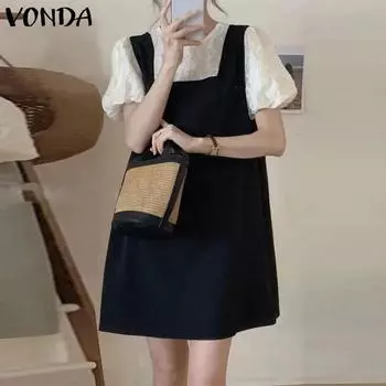 VONDA женское летнее свободное платье с круглым вырезом и короткими рукавами, прямое свободное платье из двух частей