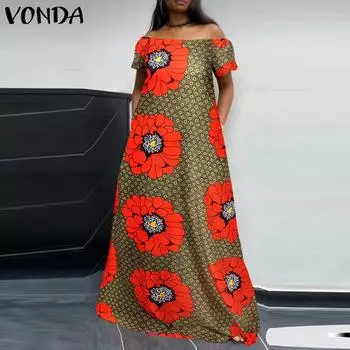 VONDA женское летнее свободное платье трапециевидной формы больших размеров на одно плечо с коротким рукавом и цветочным принтом