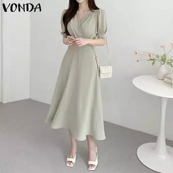 VONDA Женское летнее свободное платье трапециевидной формы с короткими рукавами и v-образным вырезом, плиссированной талией