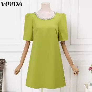 VONDA Женское летнее свободное платье трапециевидной формы с круглым вырезом и коротким рукавом S зелёный